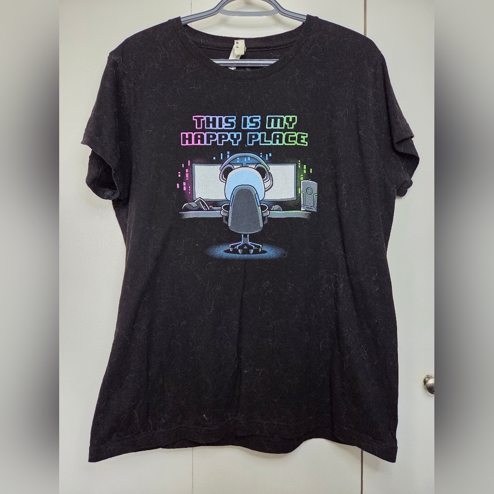 Teeturtle Women's XL "This Is My Happy Place" Black Graphic Panda Gamer Tee